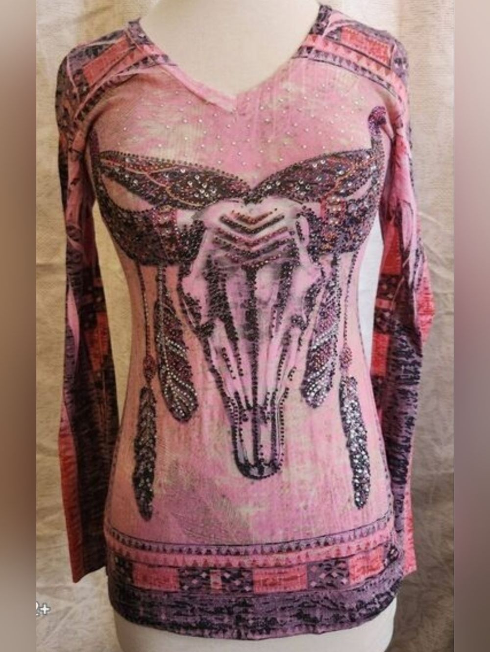 R. Rouge Embellished Pink Western Skull and Feathers Graphic Top